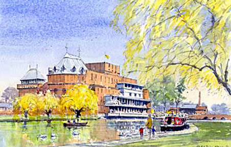 Royal Shakespeare Theatres from across the River Avon - a watercolour by John Davis (c)